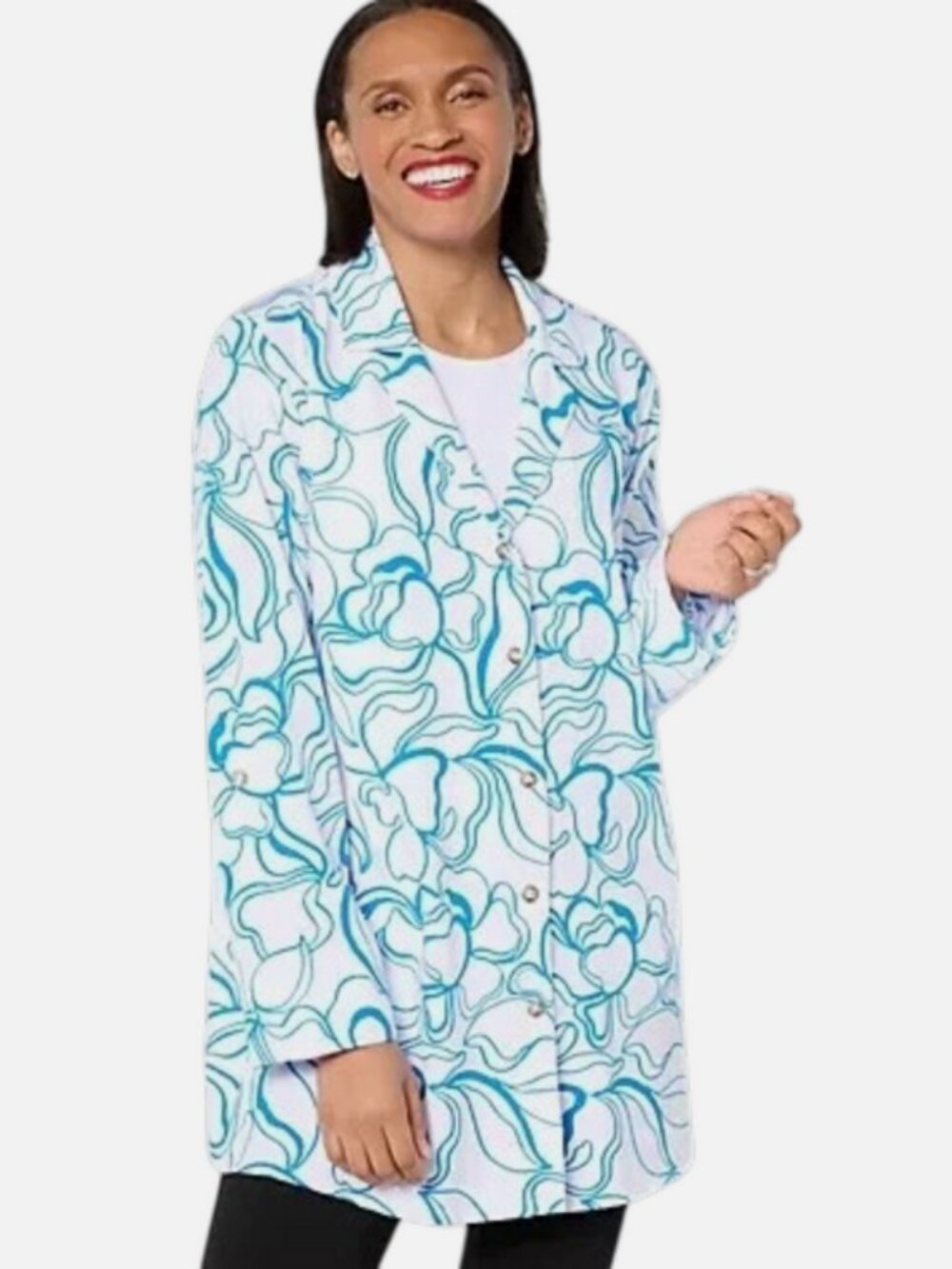 Dennis Basso Printed Italia Knit Button Front Tunic White Bright Blue Size Small